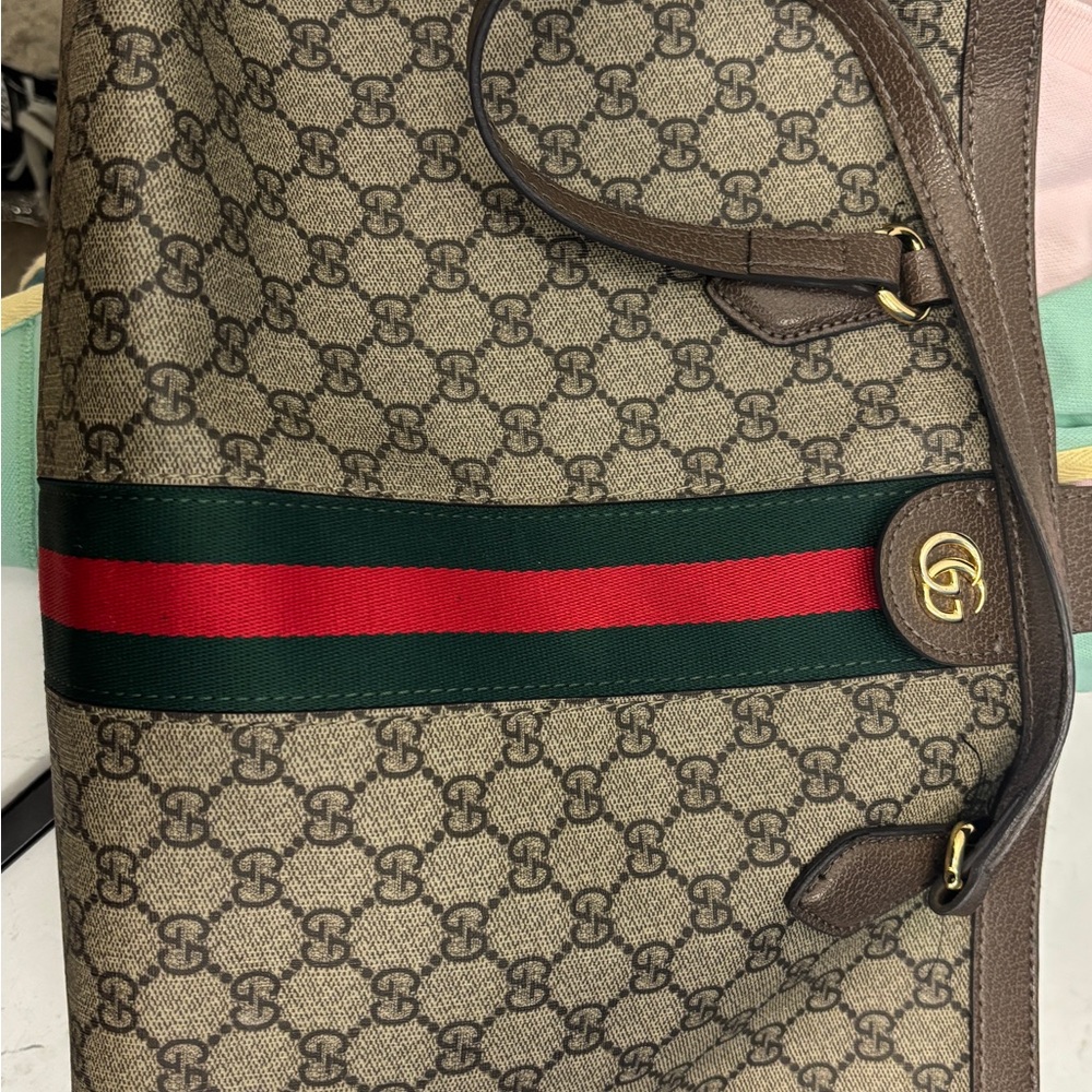 Gucci Beige Monogram Tote with Red and Green Accent